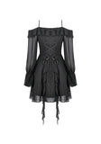Gothic Black Chiffon Off-the-Shoulder Dress with Crescent Moon Charm and Layered Ruffle Hem DW1200