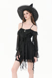 Gothic Black Chiffon Off-the-Shoulder Dress with Crescent Moon Charm and Layered Ruffle Hem DW1200