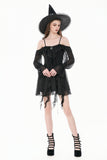 Gothic Black Chiffon Off-the-Shoulder Dress with Crescent Moon Charm and Layered Ruffle Hem DW1200