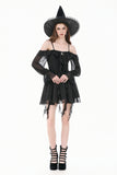 Gothic Black Chiffon Off-the-Shoulder Dress with Crescent Moon Charm and Layered Ruffle Hem DW1200
