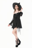 Gothic Black Chiffon Off-the-Shoulder Dress with Crescent Moon Charm and Layered Ruffle Hem DW1200