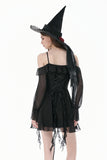 Gothic Black Chiffon Off-the-Shoulder Dress with Crescent Moon Charm and Layered Ruffle Hem DW1200