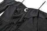 Gothic Black Chiffon Off-the-Shoulder Dress with Crescent Moon Charm and Layered Ruffle Hem DW1200