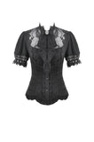 Vintage Lolita Blouse with Pinstripe Texture, Guipure Lace and Detachable Cameo Bow IW146BK