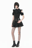 Victorian Gothic Black Blouse with Lace-up Detailing, Ruffled Stand Collar and Smocked Puff Sleeves IW151