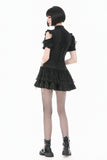Victorian Gothic Black Blouse with Lace-up Detailing, Ruffled Stand Collar and Smocked Puff Sleeves IW151