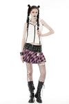 Punk metal PU pink plaid bear mini skirt  KW286