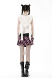 Punk metal PU pink plaid bear mini skirt  KW286