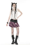 Punk metal PU pink plaid bear mini skirt  KW286