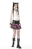 Punk metal PU pink plaid bear mini skirt  KW286