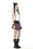 Punk metal PU pink plaid bear mini skirt  KW286