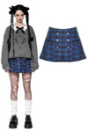 Indigo double-breasted gold star button plaid skirt KW378