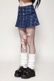 Indigo double-breasted gold star button plaid skirt KW378