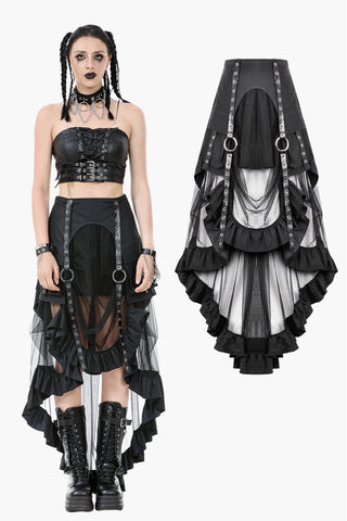 Metal Studded Punk Skirt with Mesh Tail and Pockets KW385