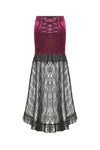 High-Low Gothic Skirt in Glossy Velvet with Floral Lace Trim KW397