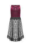 High-Low Gothic Skirt in Glossy Velvet with Floral Lace Trim KW397