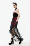 High-Low Gothic Skirt in Glossy Velvet with Floral Lace Trim KW397