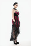 High-Low Gothic Skirt in Glossy Velvet with Floral Lace Trim KW397