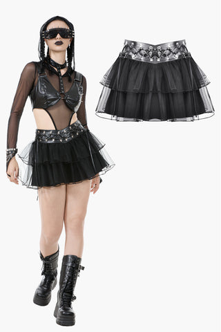 Punk Mesh-Layered Skirt with D-Ring Ties Waist KW401