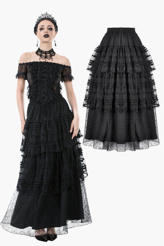 Polka Dot Tiered Lace Skirt with Ruched Mesh and Irregular Net Trim KW402