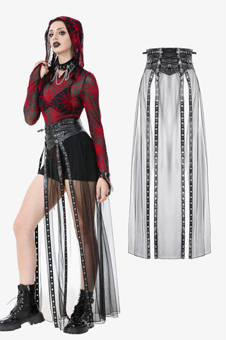 Rebel Leather and Mesh Maxi Skirt with Lace-Up Waist and Eyelet Detail KW403