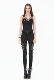 Dark Punk Skinny Pants with Metallic Buckle Straps and Eyelet Lace-up Calves PW156