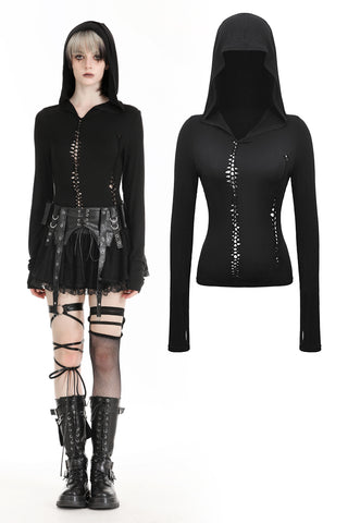 Gothic assassin fitted hooded black hollow-out top. TW572