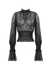 Black Hollow Lace Elastic Pleated Waist Eyelash Lace Cuff Top TW608
