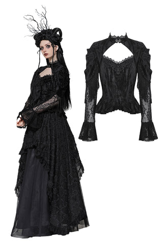 Classic dark rose embossed velvet  fringe lace sleeves top TW618