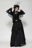 Classic dark rose embossed velvet  fringe lace sleeves top TW618