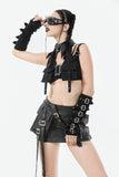 Rebel Punk Halter Crop Top with Utility Pocket and Decorative Buckle TW639