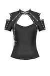 Dark Metal Knit Top with Coffin Eyelet Frame and Skull Cross Straps TW641