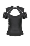 Dark Metal Knit Top with Coffin Eyelet Frame and Skull Cross Straps TW641