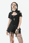 Dark Metal Knit Top with Coffin Eyelet Frame and Skull Cross Straps TW641