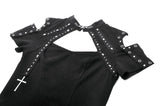 Dark Metal Knit Top with Coffin Eyelet Frame and Skull Cross Straps TW641