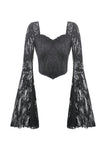 Phantom Butterfly - Gothic Dark Heart-Neck All-Over Lace Bell-Sleeve Slim Top TW689