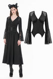Gothic Deep V-Neck Top with Lace-Paneled Shoulders and Dramatic Flare Sleeves TW702