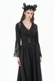 Gothic Deep V-Neck Top with Lace-Paneled Shoulders and Dramatic Flare Sleeves TW702