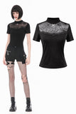 Gothic Black Short Sleeve Top with Sheer Spiderweb Mesh and Silver Spider Ornament TW703