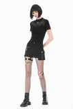 Gothic Black Short Sleeve Top with Sheer Spiderweb Mesh and Silver Spider Ornament TW703