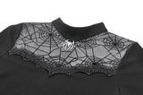 Gothic Black Short Sleeve Top with Sheer Spiderweb Mesh and Silver Spider Ornament TW703