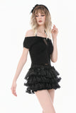 Gothic Dark Cutout Cross Gem Lace Halter Slim Knit Top TW709