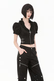 Goth Punk Cross-Zip Buckled Waist Ruffle Puff Sleeve Crop Top TW710