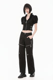 Goth Punk Cross-Zip Buckled Waist Ruffle Puff Sleeve Crop Top TW710