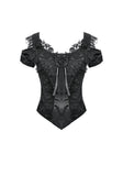 Gothic Court-Style Top with Damask Jacquard, Lace Trim, 3D Roses and Cinched Waist TW711