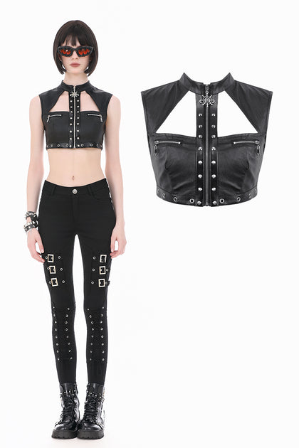 Punk Tech-Wear Crop Top in Matte Leather with Multi-Zippers, Rivets  TW712 - Gothlolibeauty