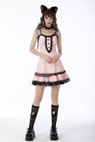 Sexy pink doll lace button-up front strap dress DW665