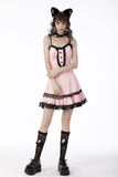 Sexy pink doll lace button-up front strap dress DW665