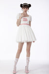 White lace heart pink bow silky dress DW670