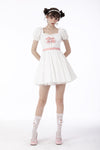 White lace heart pink bow silky dress DW670